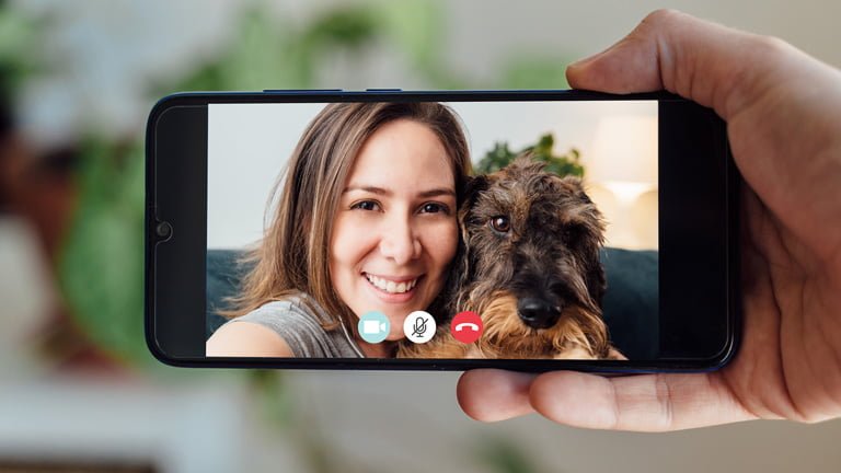 A woman and her pet dog is doing FaceTime together answering questions is FaceTime free internationally